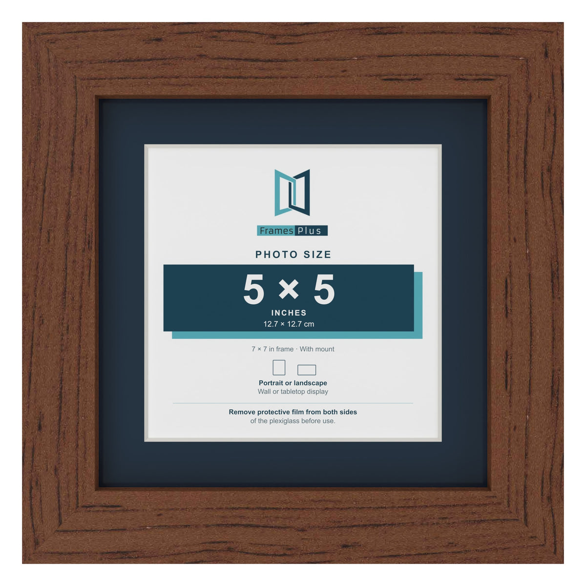 Dark Teak 7 x 7 inch picture frame with a Pacific Blue mount for a 5 x 5 inch photo