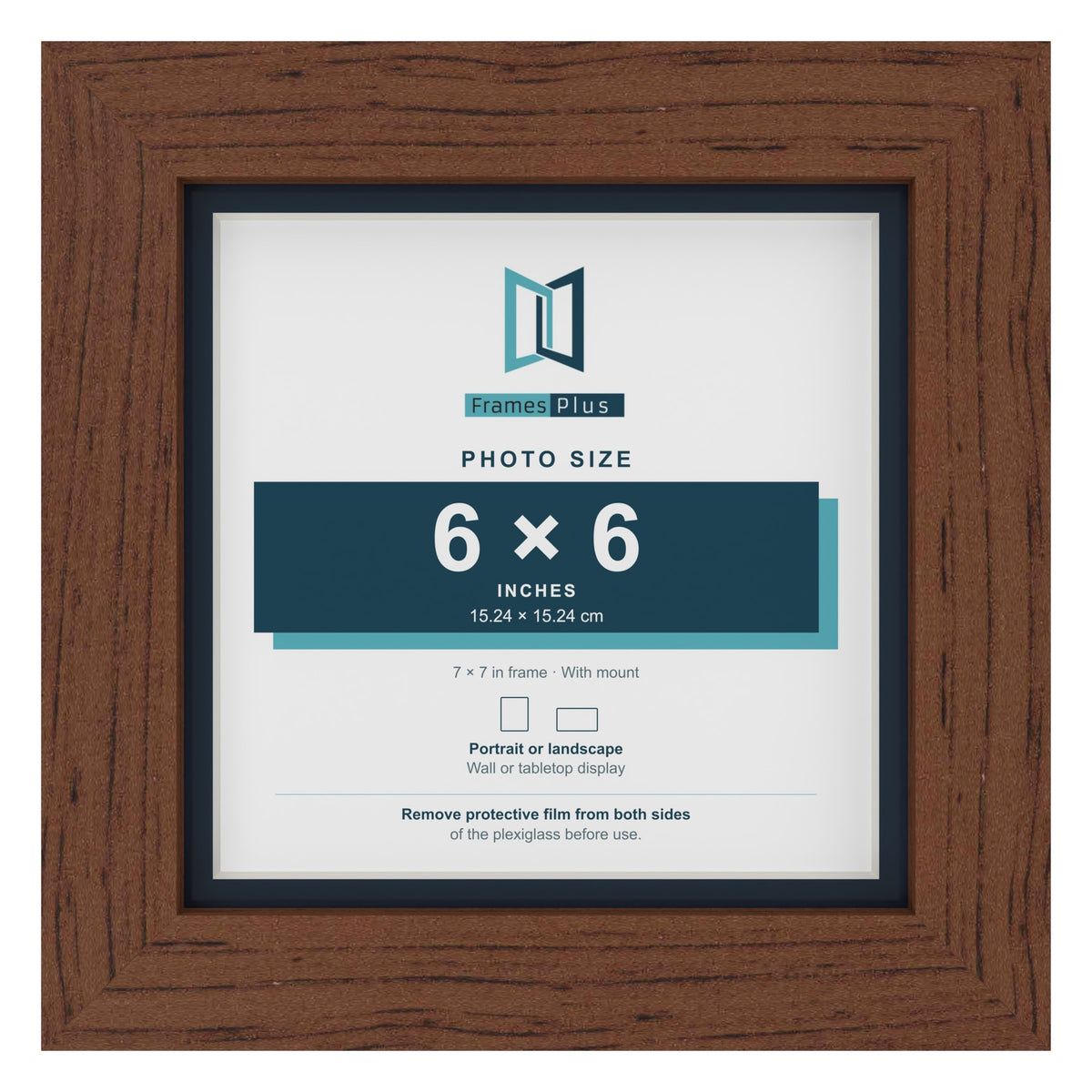 Dark Teak 7 x 7 inch picture frame with a Pacific Blue mount for a 6 x 6 inch photo