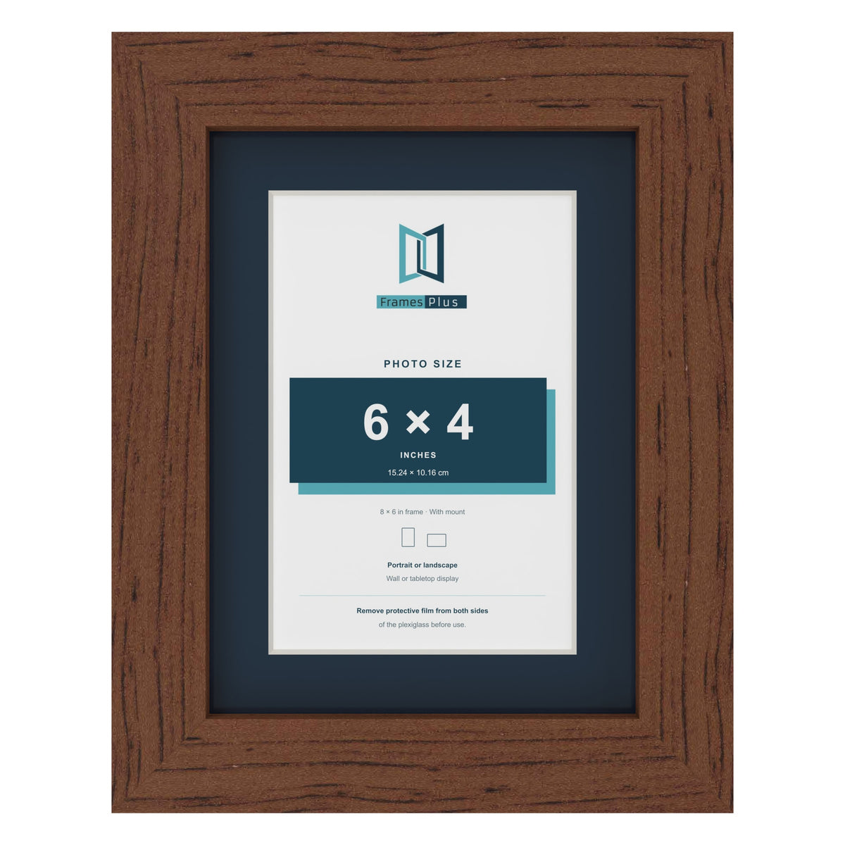 Dark Teak 8 x 6 inch picture frame with a Pacific Blue mount for a 6 x 4 inch photo