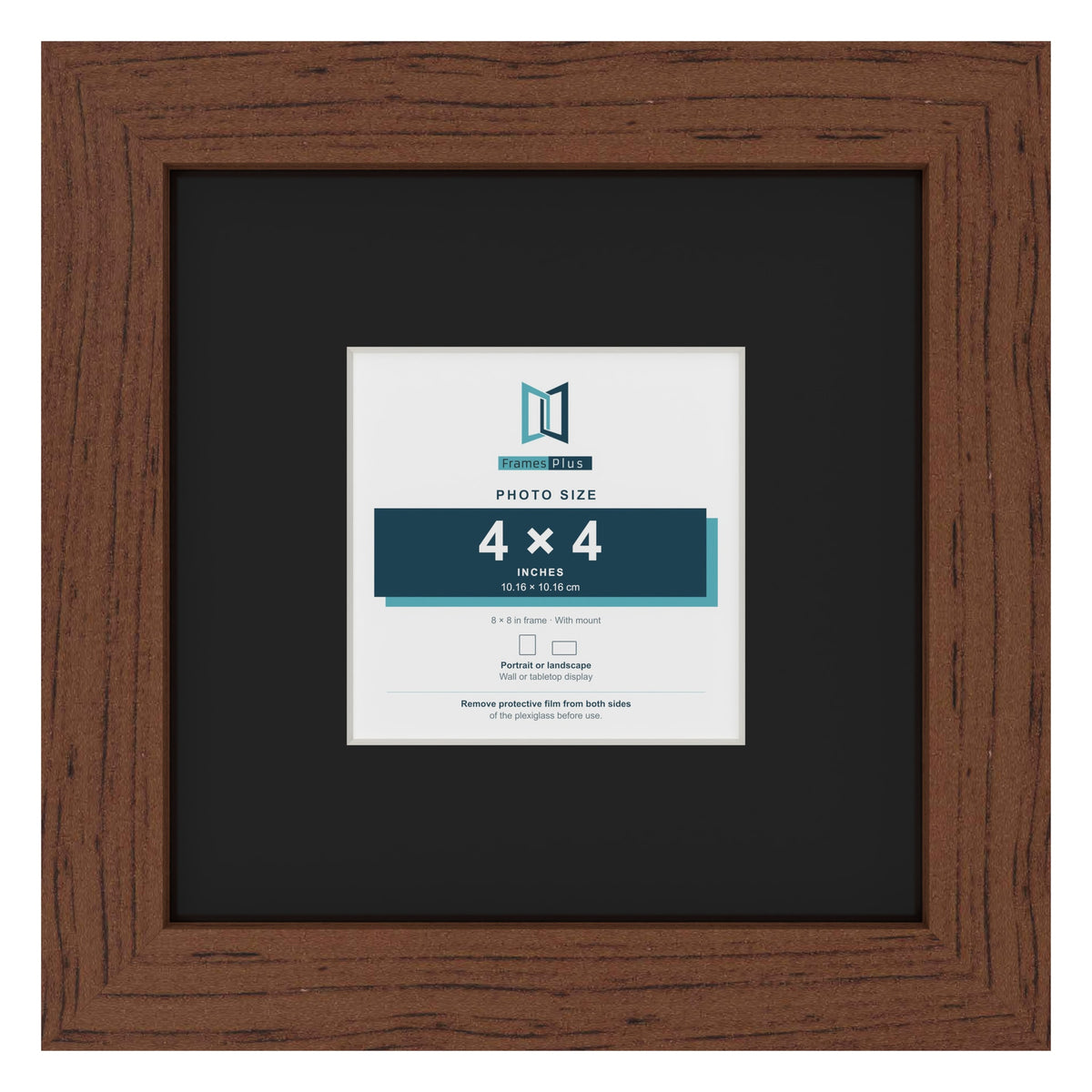 Dark Teak 8 x 8 inch picture frame with a black mount for a 4 x 4 inch photo