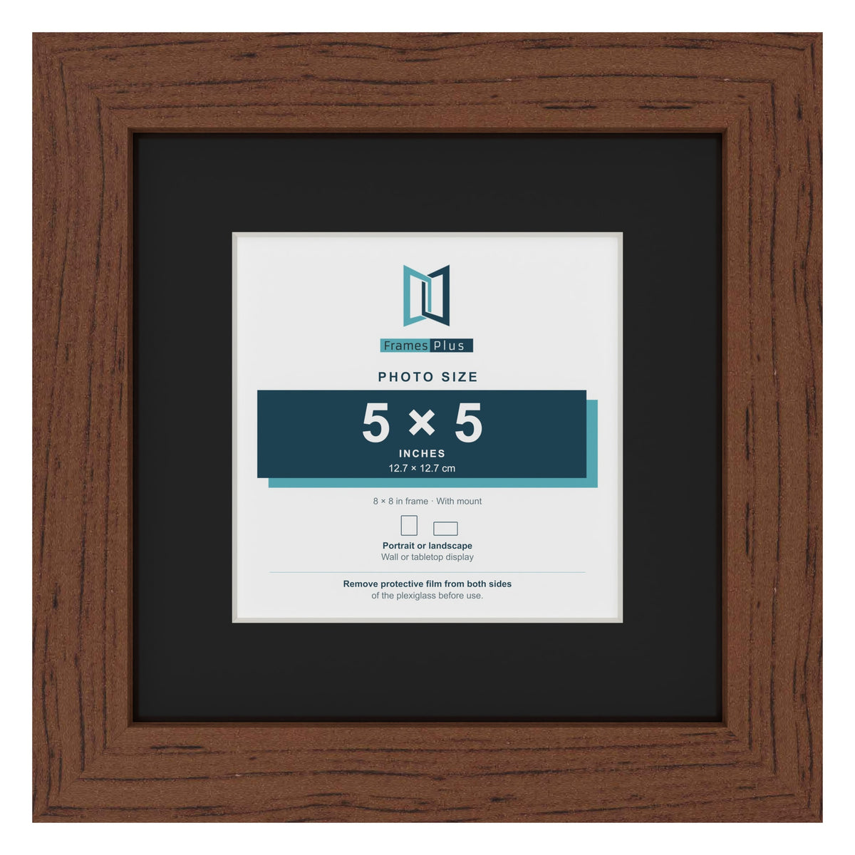Dark Teak 8 x 8 inch picture frame with a black mount for a 5 x 5 inch photo