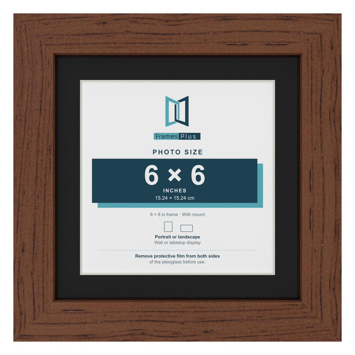 Dark Teak 8 x 8 inch picture frame with a black mount for a 6 x 6 inch photo
