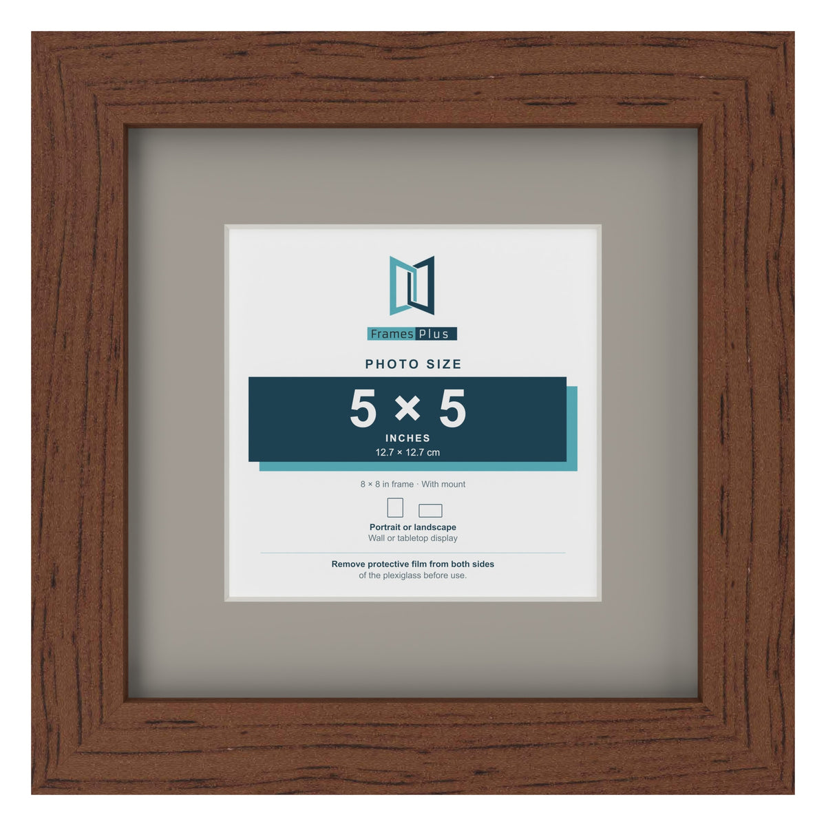 Dark Teak 8 x 8 inch picture frame with a Dawn Grey mount for a 5 x 5 inch photo