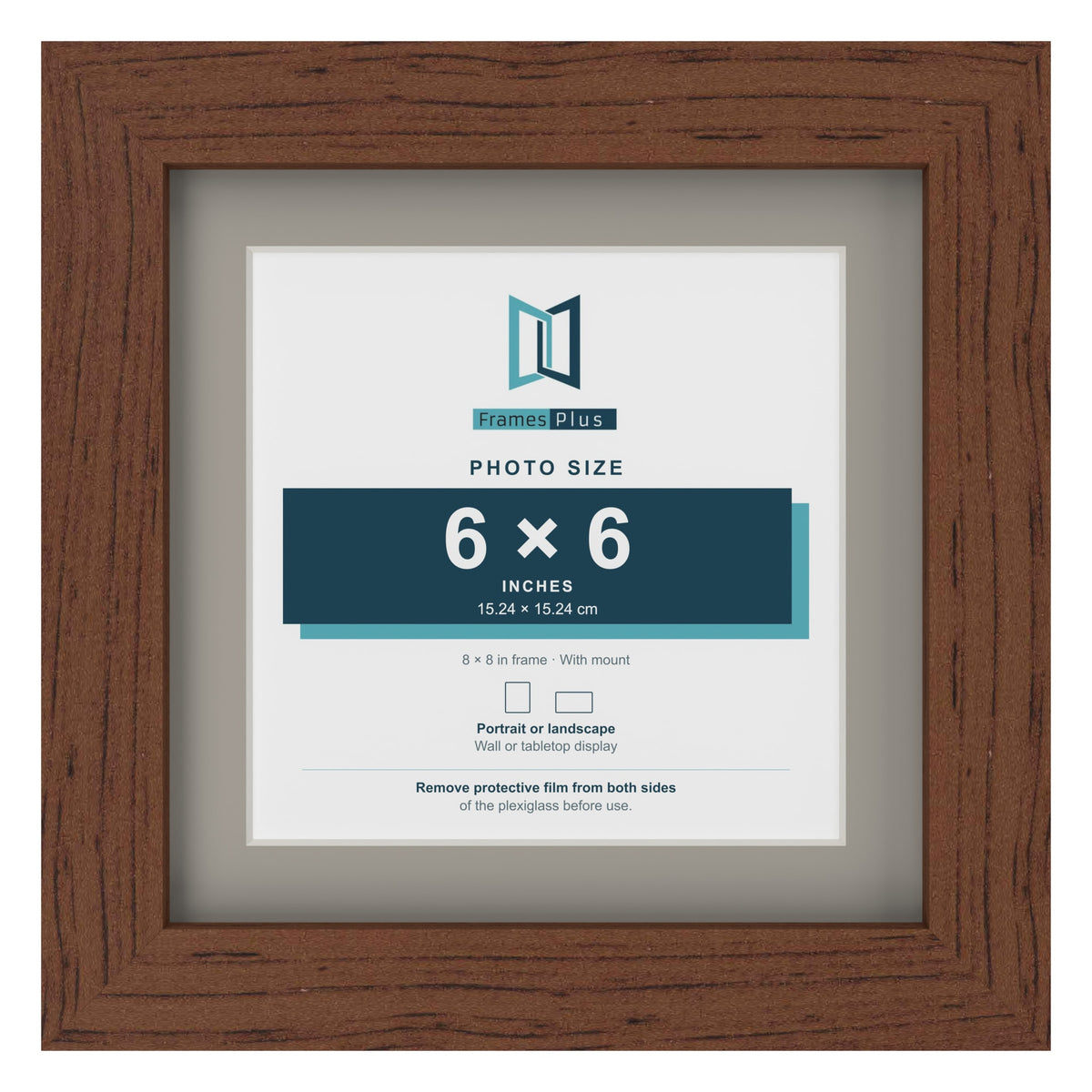 Dark Teak 8 x 8 inch picture frame with a Dawn Grey mount for a 6 x 6 inch photo