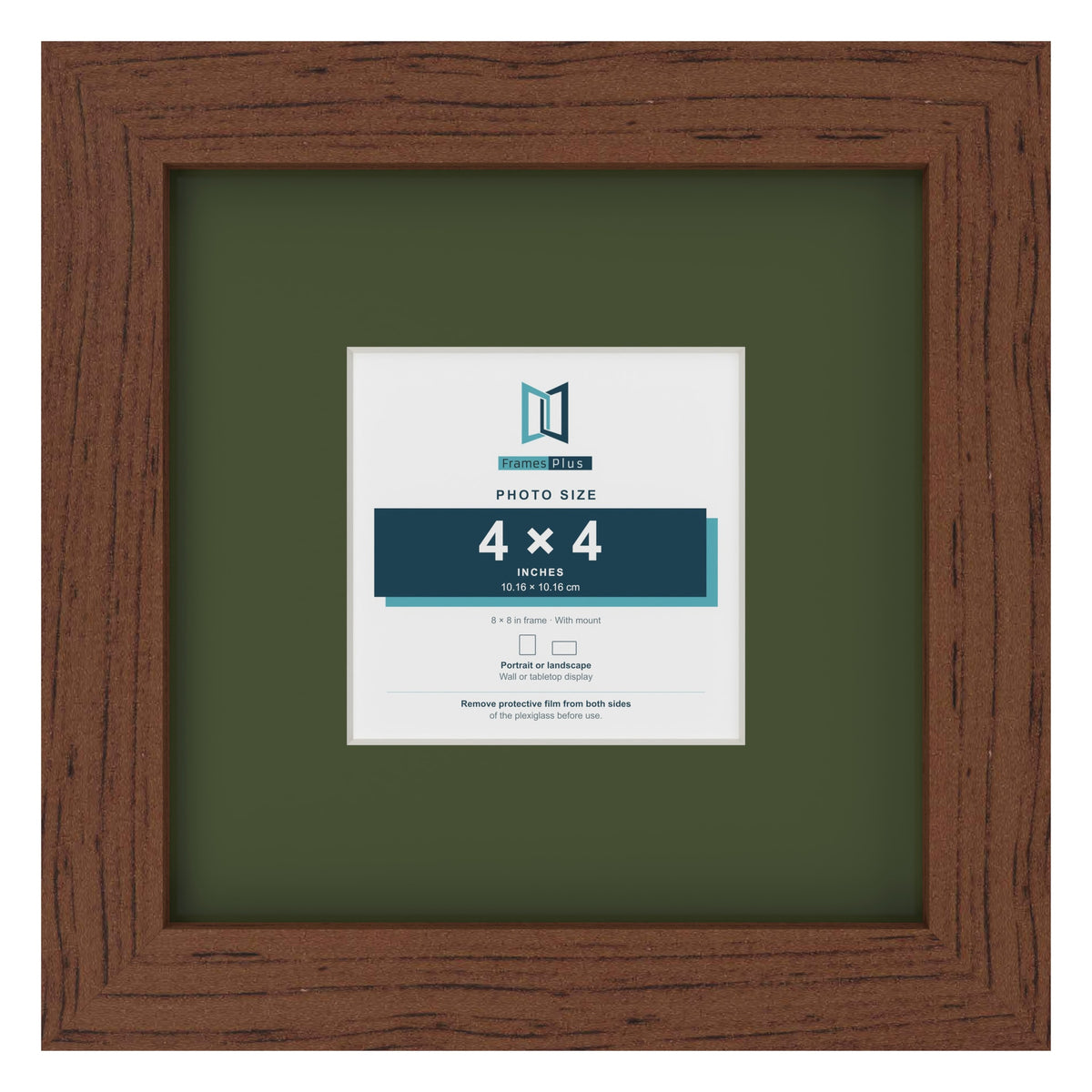 Dark Teak 8 x 8 inch picture frame with a green mount for a 4 x 4 inch photo