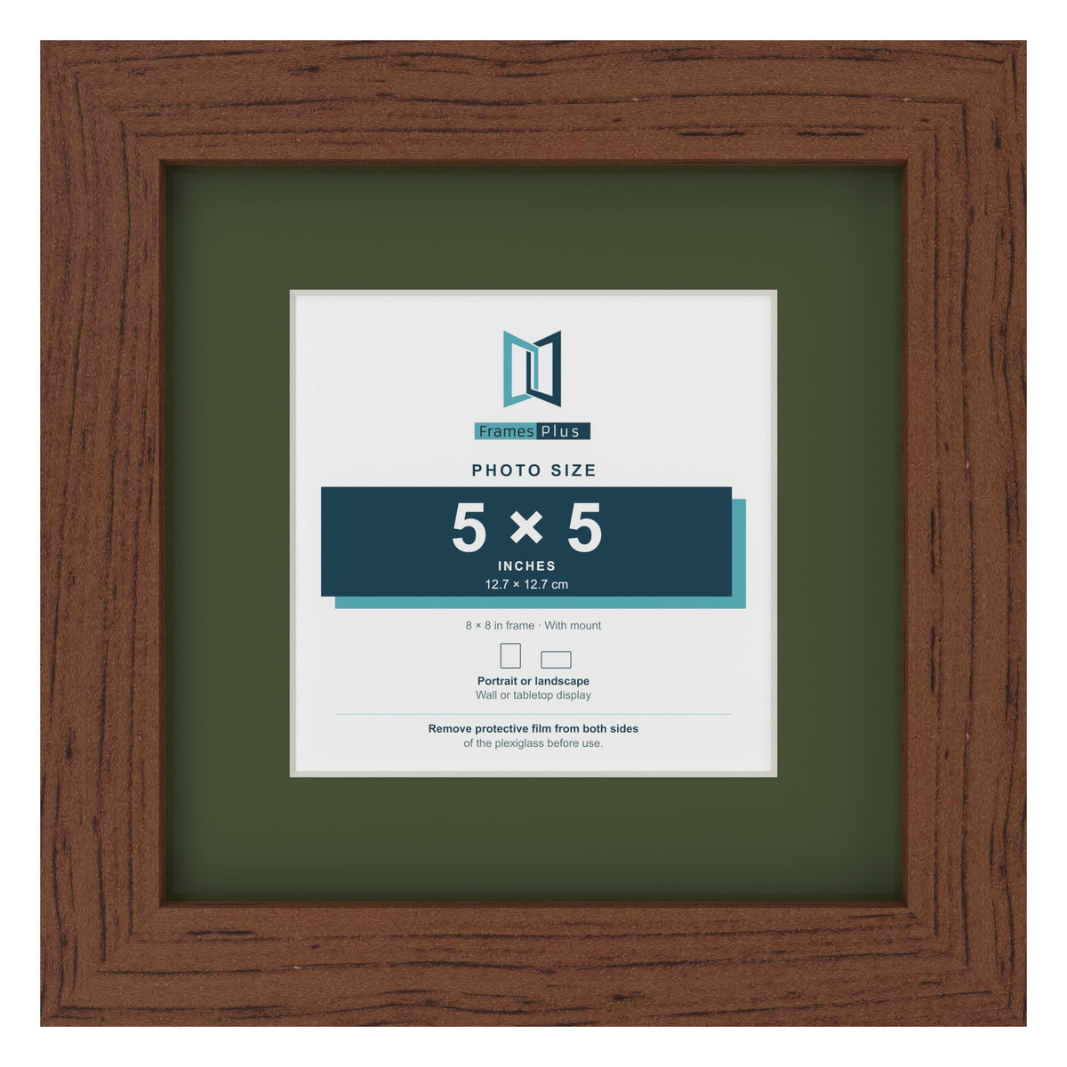 Dark Teak 8 x 8 inch picture frame with a green mount for a 5 x 5 inch photo
