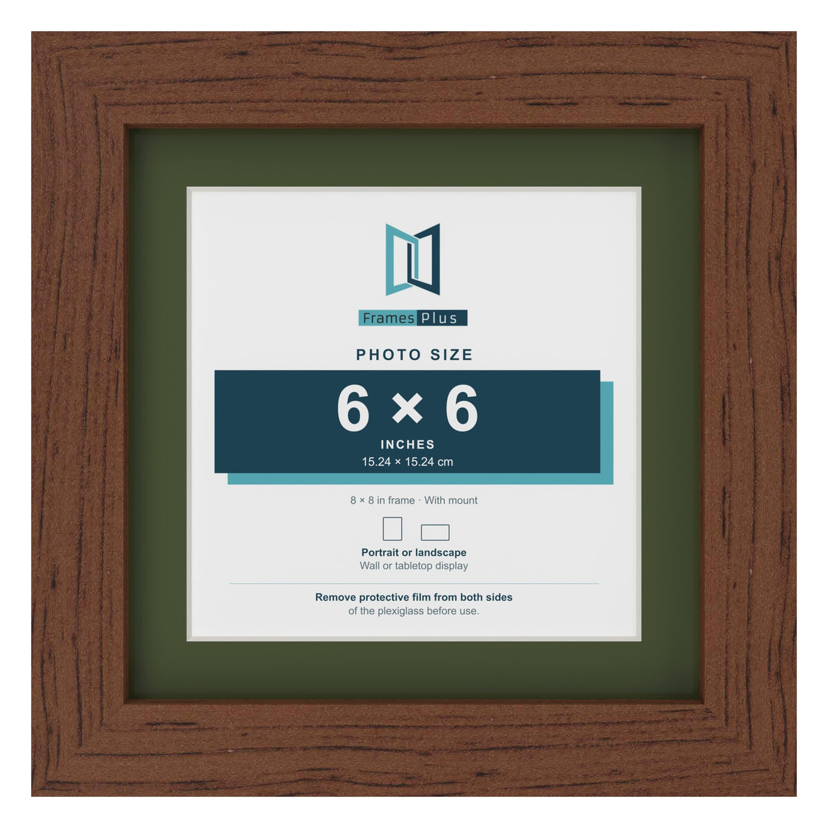 Dark Teak 8 x 8 inch picture frame with a green mount for a 6 x 6 inch photo