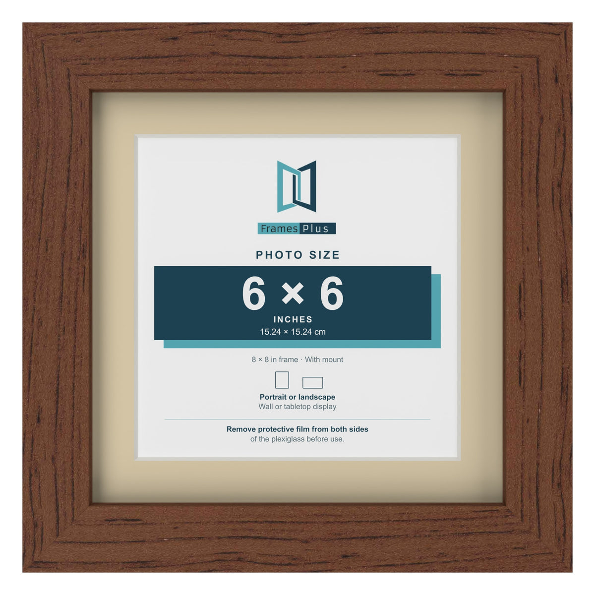 Dark Teak 8 x 8 inch picture frame with an ivory mount for a 6 x 6 inch photo