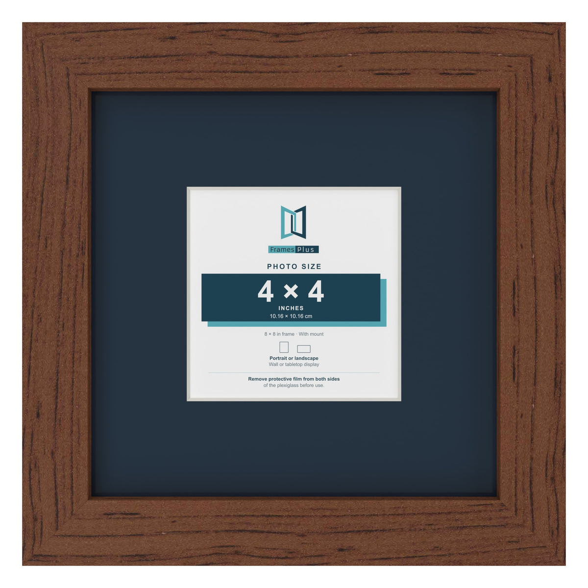 Dark Teak 8 x 8 inch picture frame with a Pacific Blue mount for a 4 x 4 inch photo
