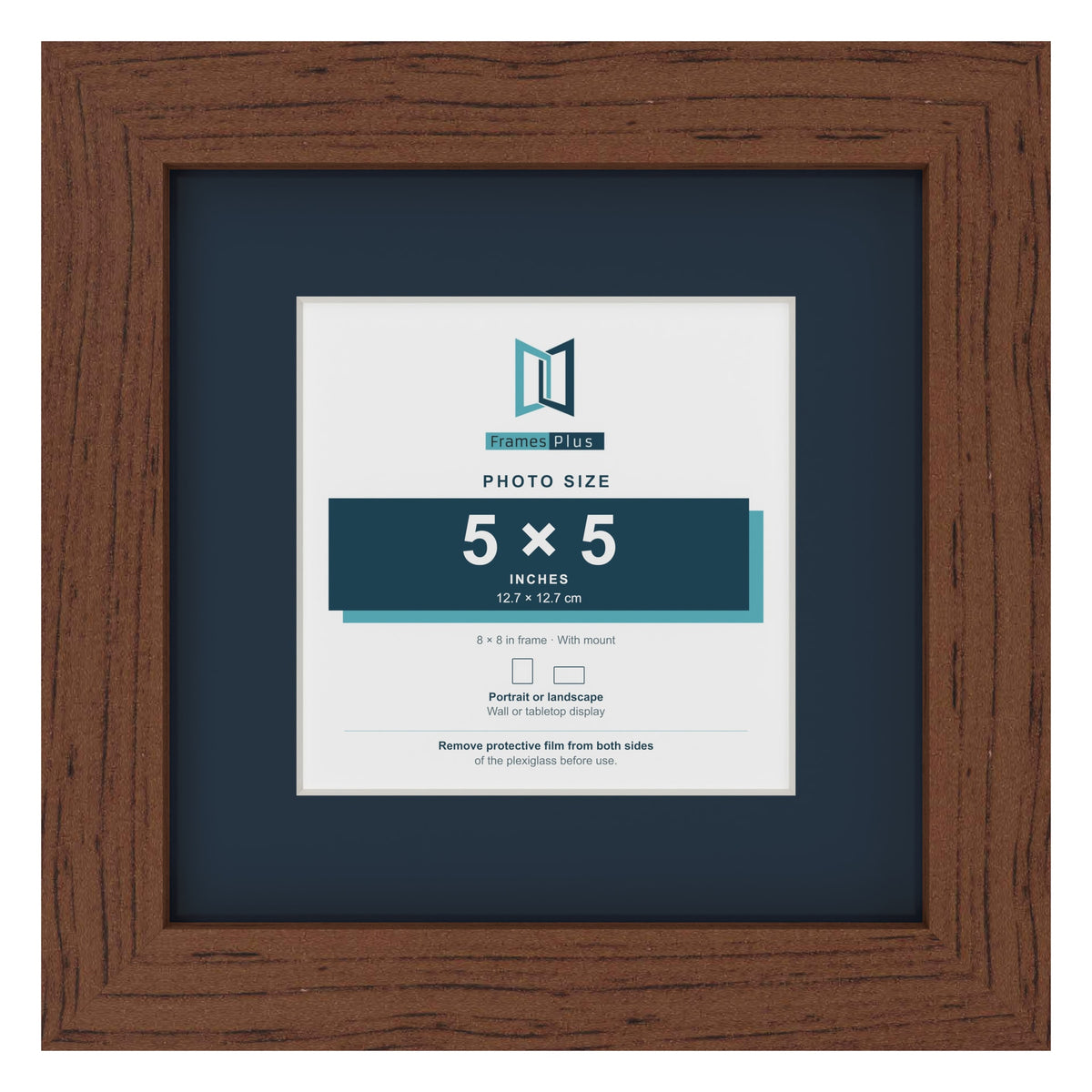 Dark Teak 8 x 8 inch picture frame with a Pacific Blue mount for a 5 x 5 inch photo