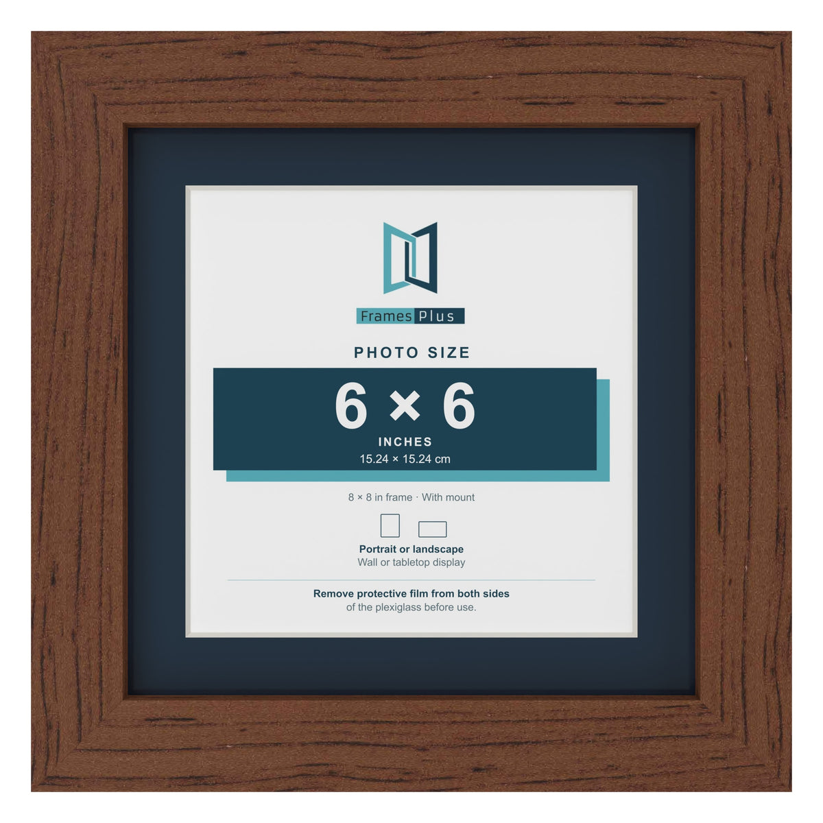 Dark Teak 8 x 8 inch picture frame with a Pacific Blue mount for a 6 x 6 inch photo