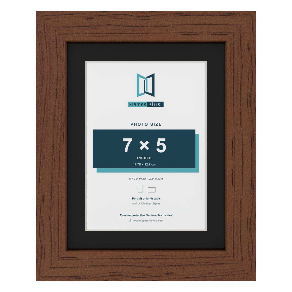 Dark Teak 9 x 7 inch picture frame with a black mount for a 7 x 5 inch photo