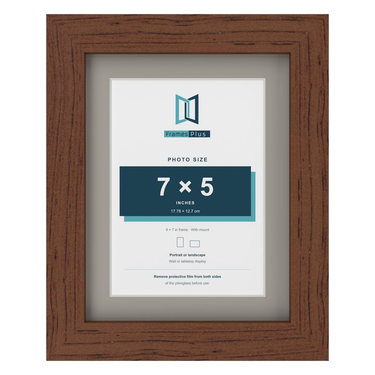 Dark Teak 9 x 7 inch picture frame with a Dawn Grey mount for a 7 x 5 inch photo