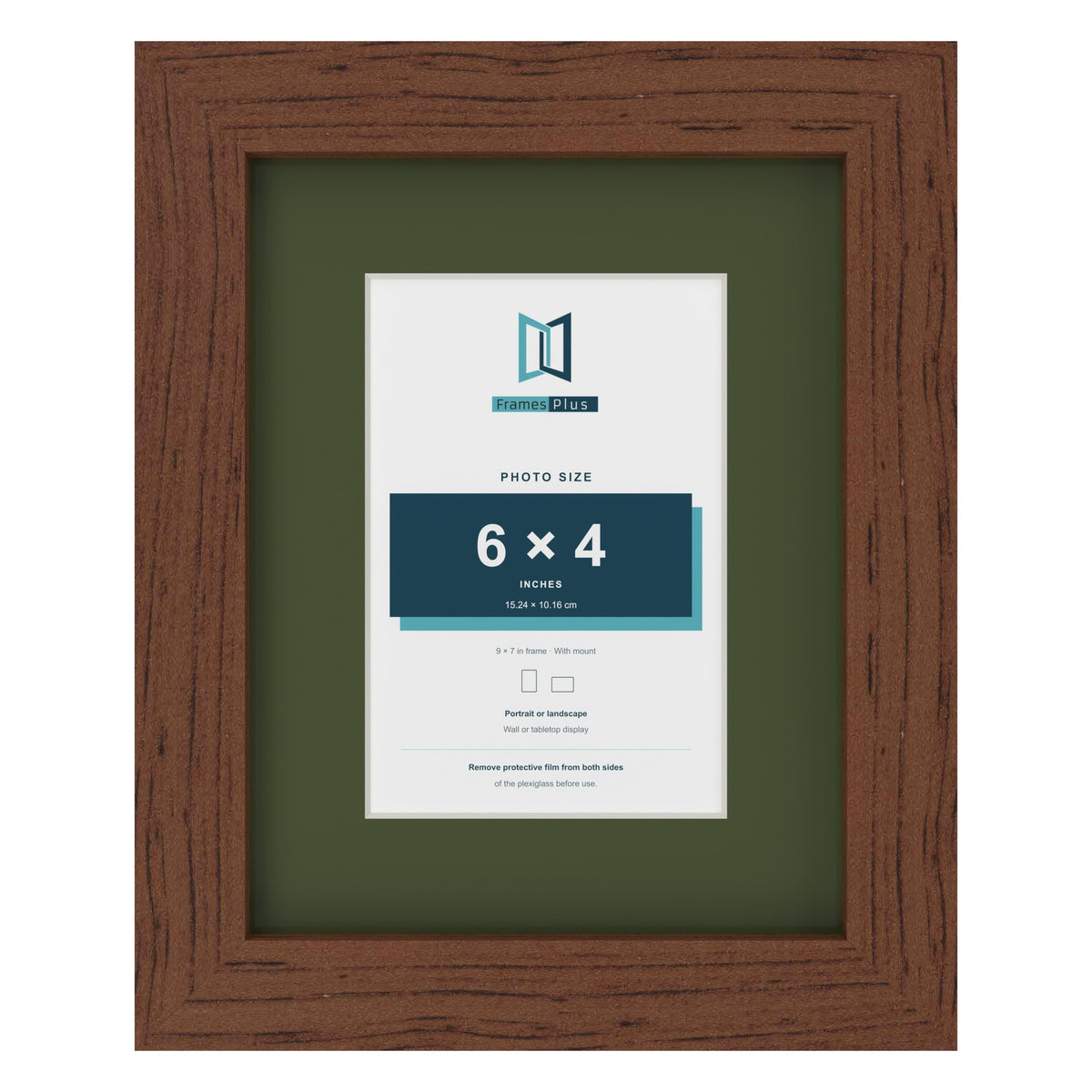 Dark Teak 9 x 7 inch picture frame with a green mount for a 6 x 4 inch photo