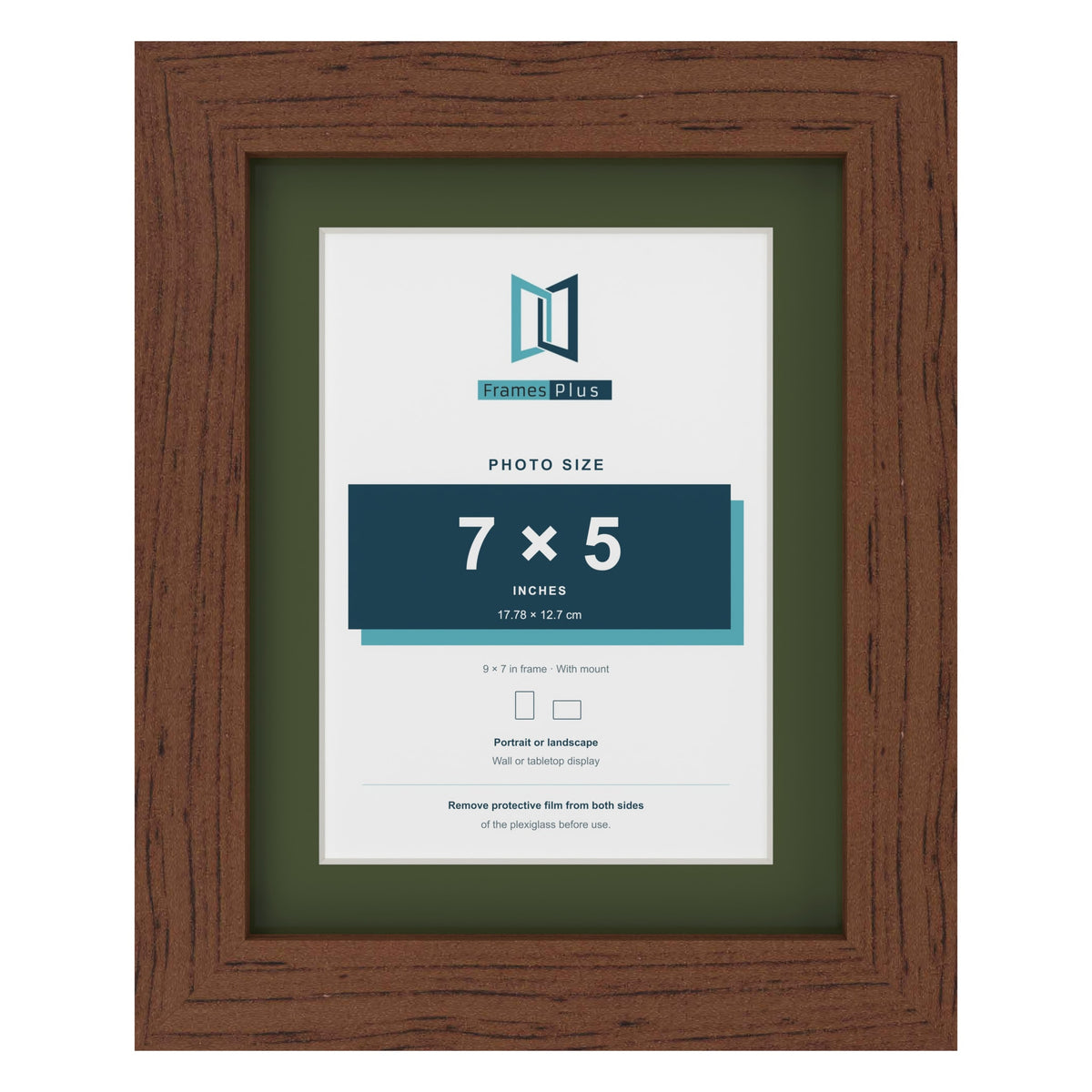 Dark Teak 9 x 7 inch picture frame with a green mount for a 7 x 5 inch photo
