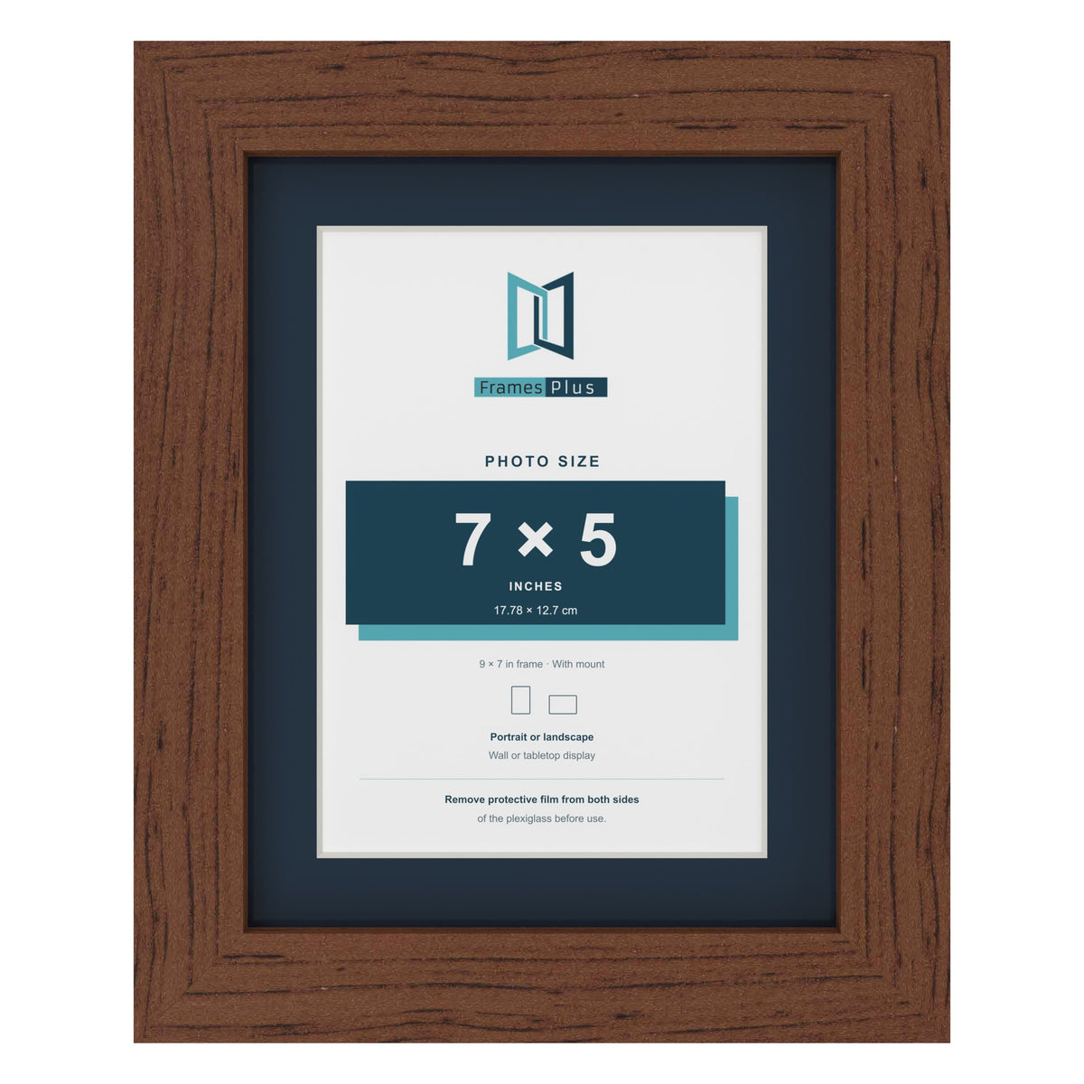 Dark Teak 9 x 7 inch picture frame with a Pacific Blue mount for a 7 x 5 inch photo