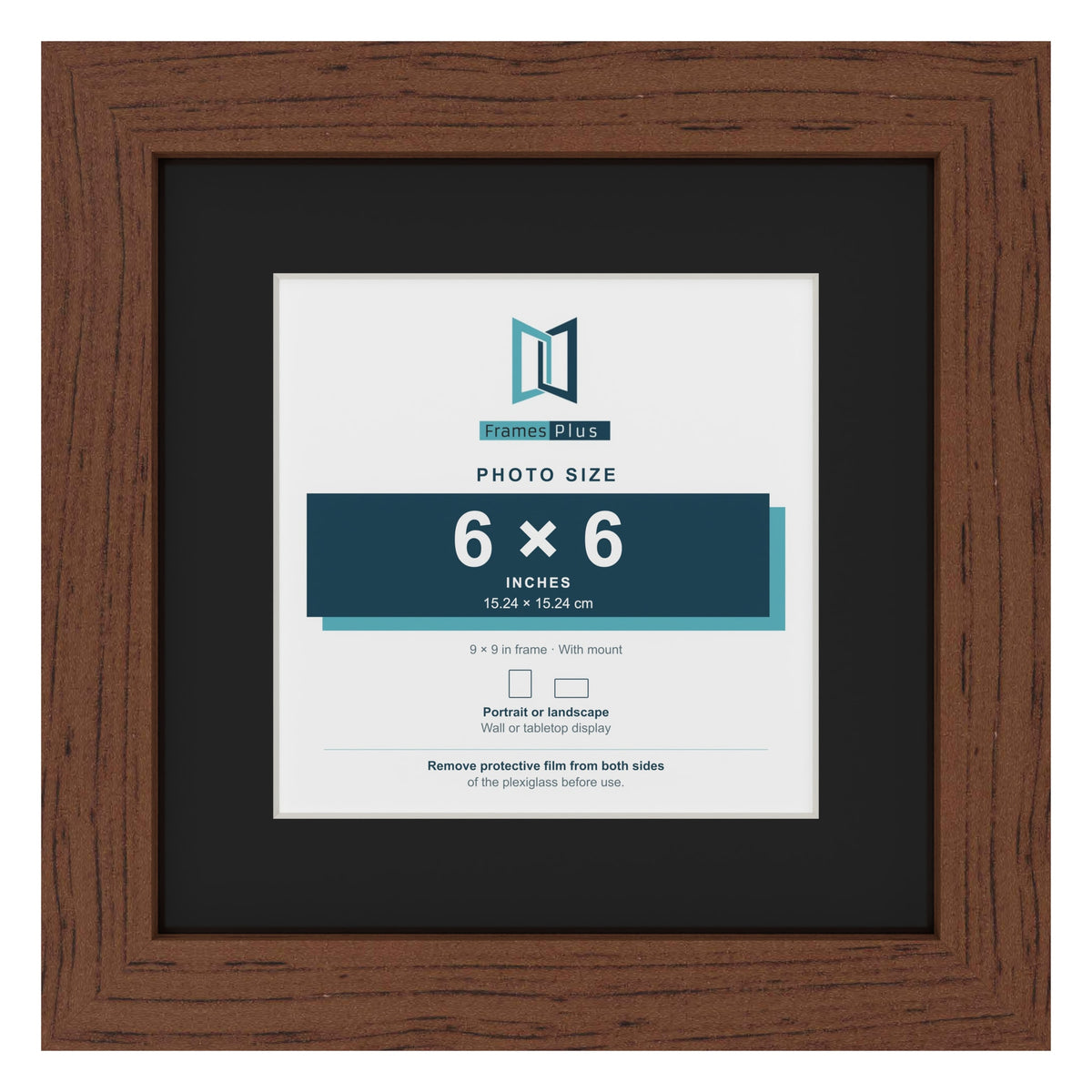 Dark Teak 9 x 9 inch picture frame with a black mount for a 6 x 6 inch photo