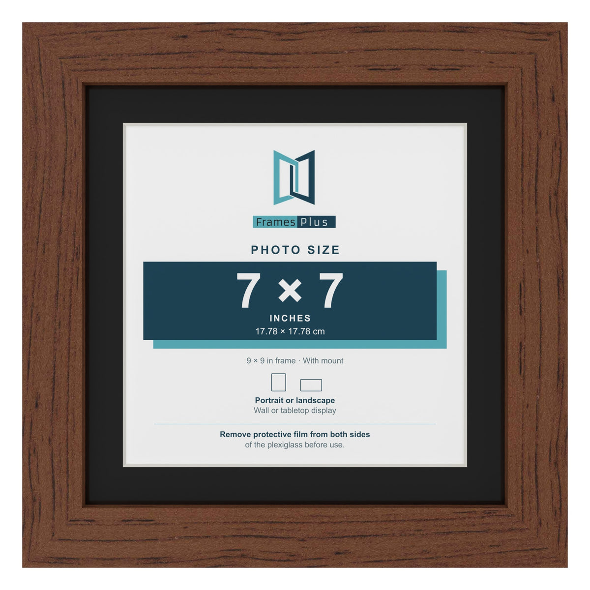 Dark Teak 9 x 9 inch picture frame with a black mount for a 7 x 7 inch photo