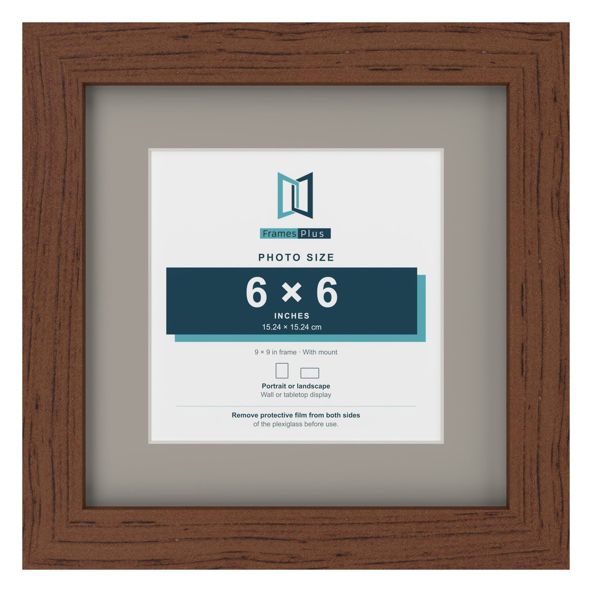 Dark Teak 9 x 9 inch picture frame with a Dawn Grey mount for a 6 x 6 inch photo