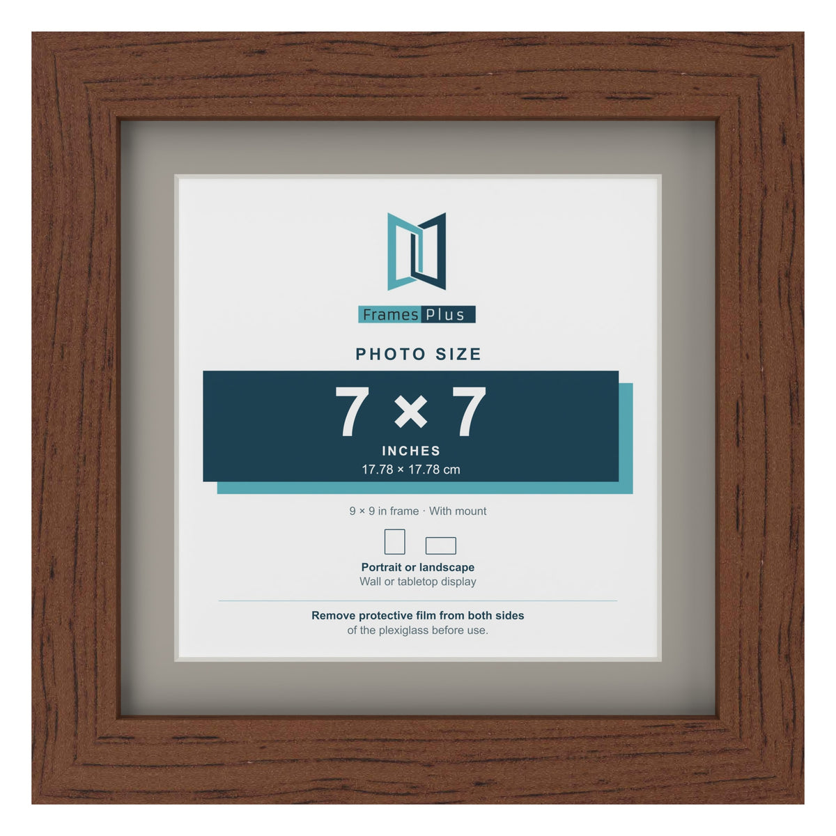 Dark Teak 9 x 9 inch picture frame with a Dawn Grey mount for a 7 x 7 inch photo