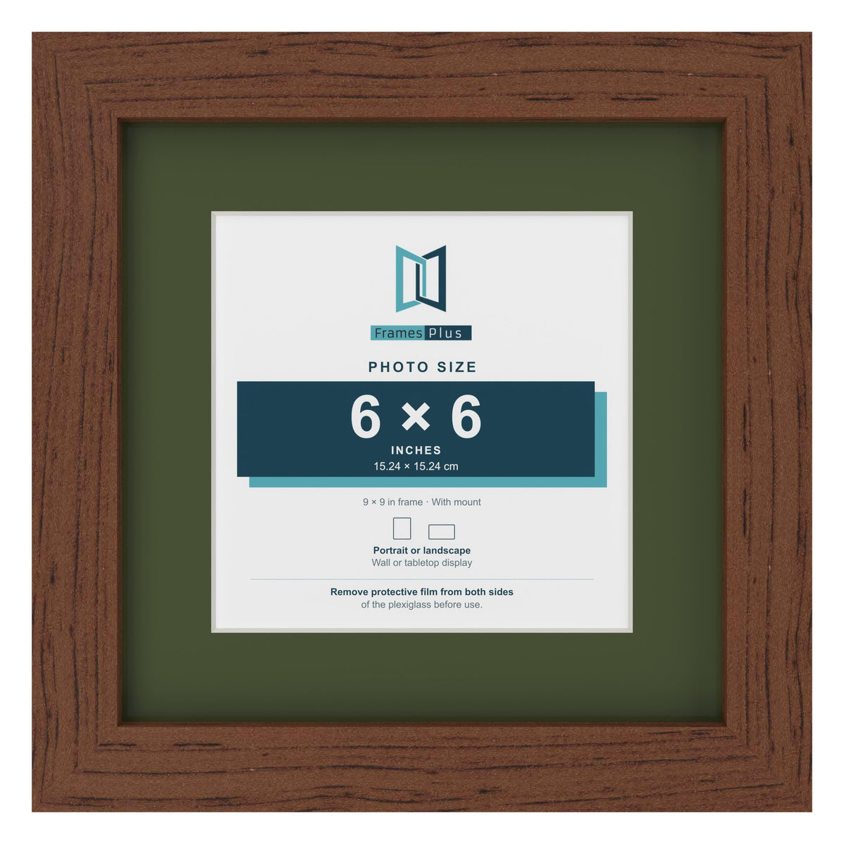 Dark Teak 9 x 9 inch picture frame with a green mount for a 6 x 6 inch photo