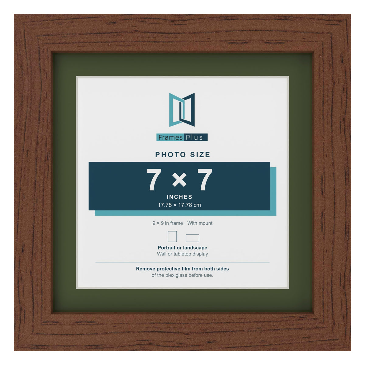 Dark Teak 9 x 9 inch picture frame with a green mount for a 7 x 7 inch photo