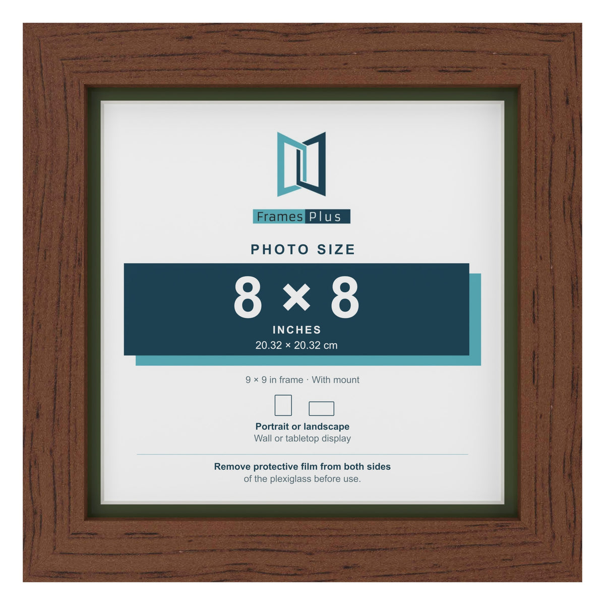 Dark Teak 9 x 9 inch picture frame with a green mount for an 8 x 8 inch photo