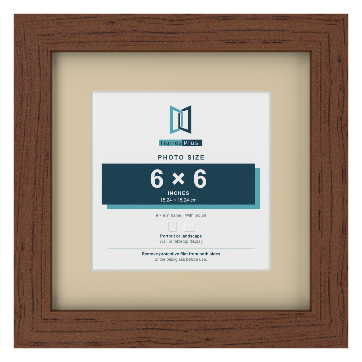 Dark Teak 9 x 9 inch picture frame with an ivory mount for a 6 x 6 inch photo