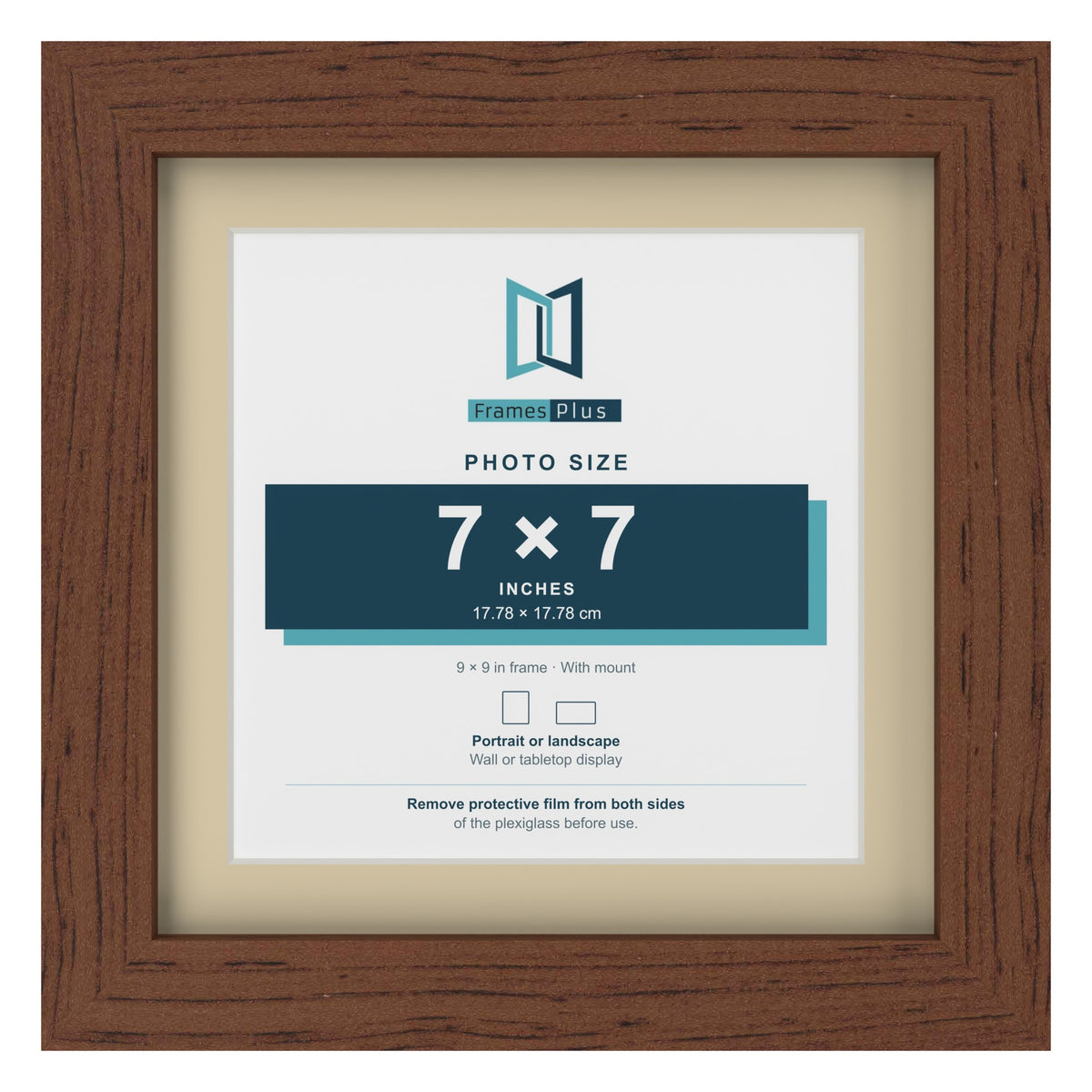 Dark Teak 9 x 9 inch picture frame with an ivory mount for a 7 x 7 inch photo