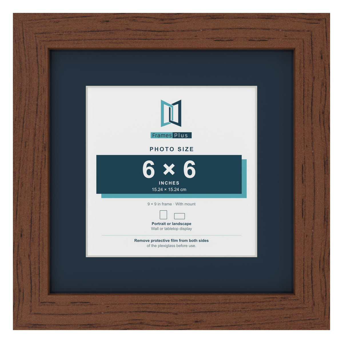 Dark Teak 9 x 9 inch picture frame with a Pacific Blue mount for a 6 x 6 inch photo