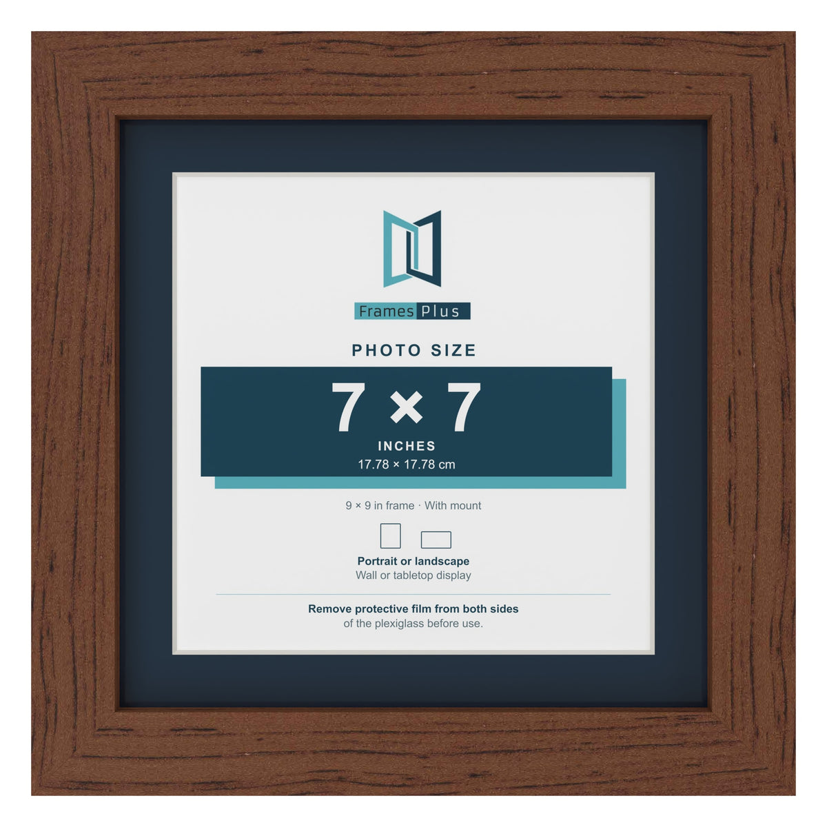 Dark Teak 9 x 9 inch picture frame with a Pacific Blue mount for a 7 x 7 inch photo