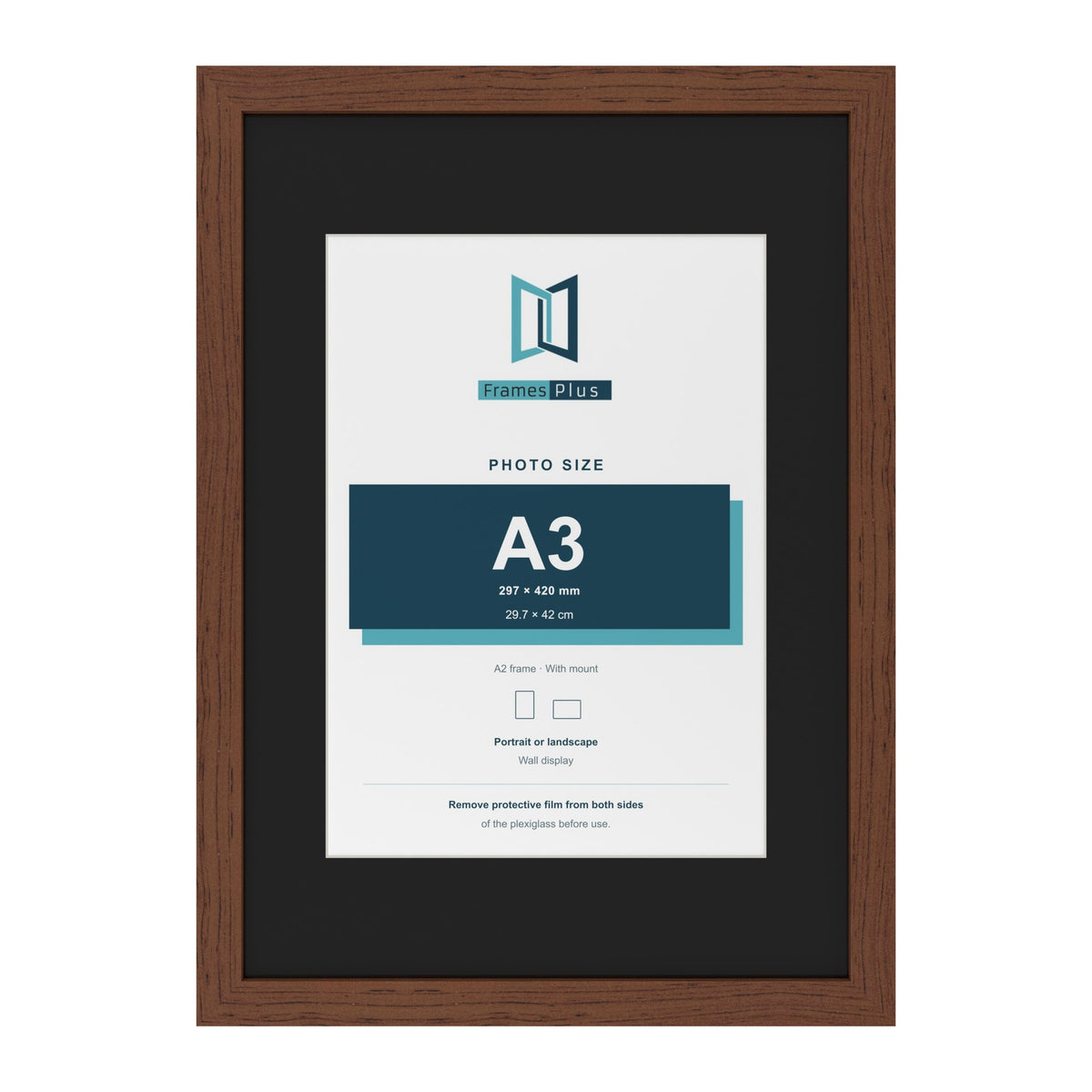 Dark Teak A2 picture frame with a black mount for an A3 photo