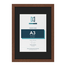 Dark Teak A2 picture frame with a black mount for an A3 photo