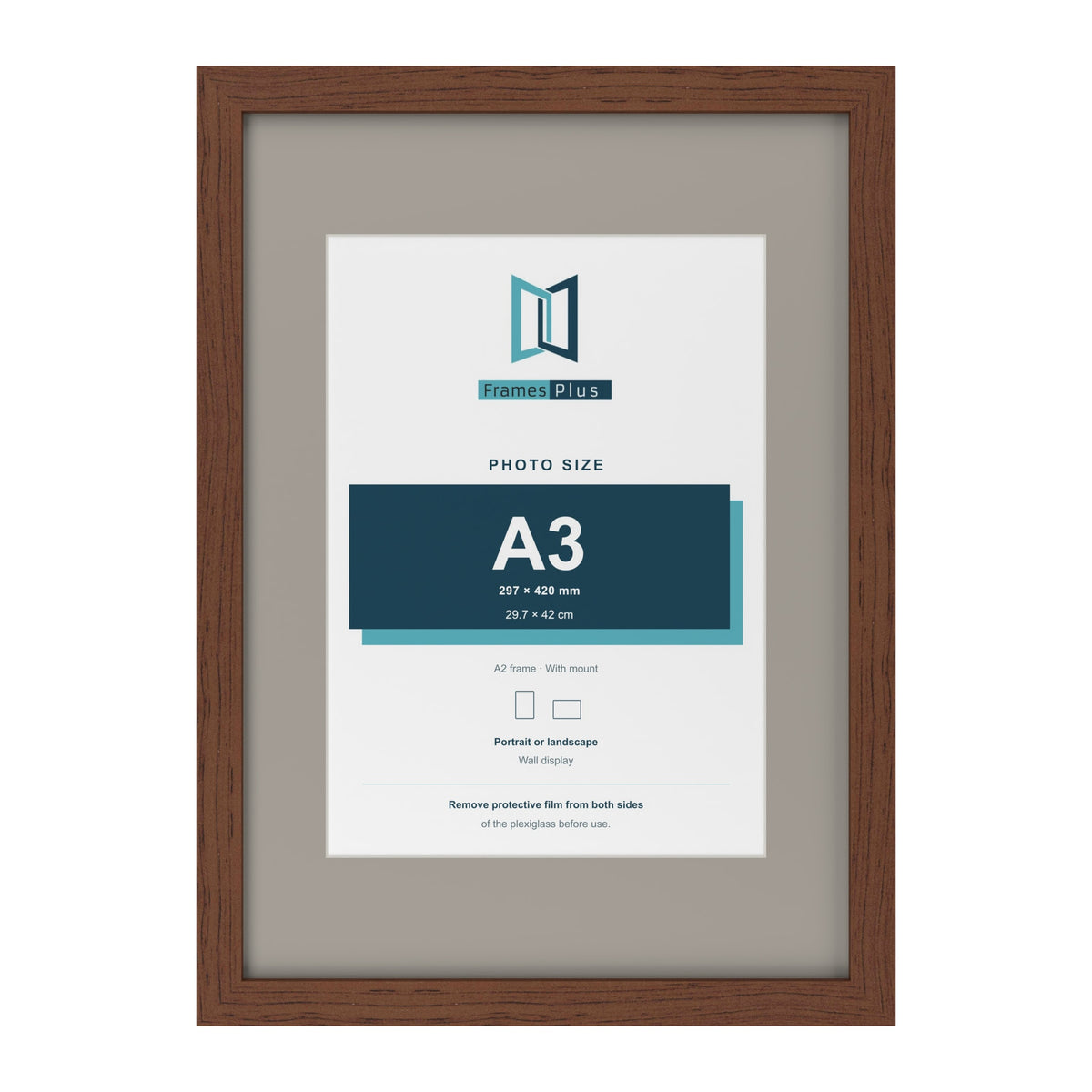 Dark Teak A2 picture frame with a Dawn Grey mount for an A3 photo