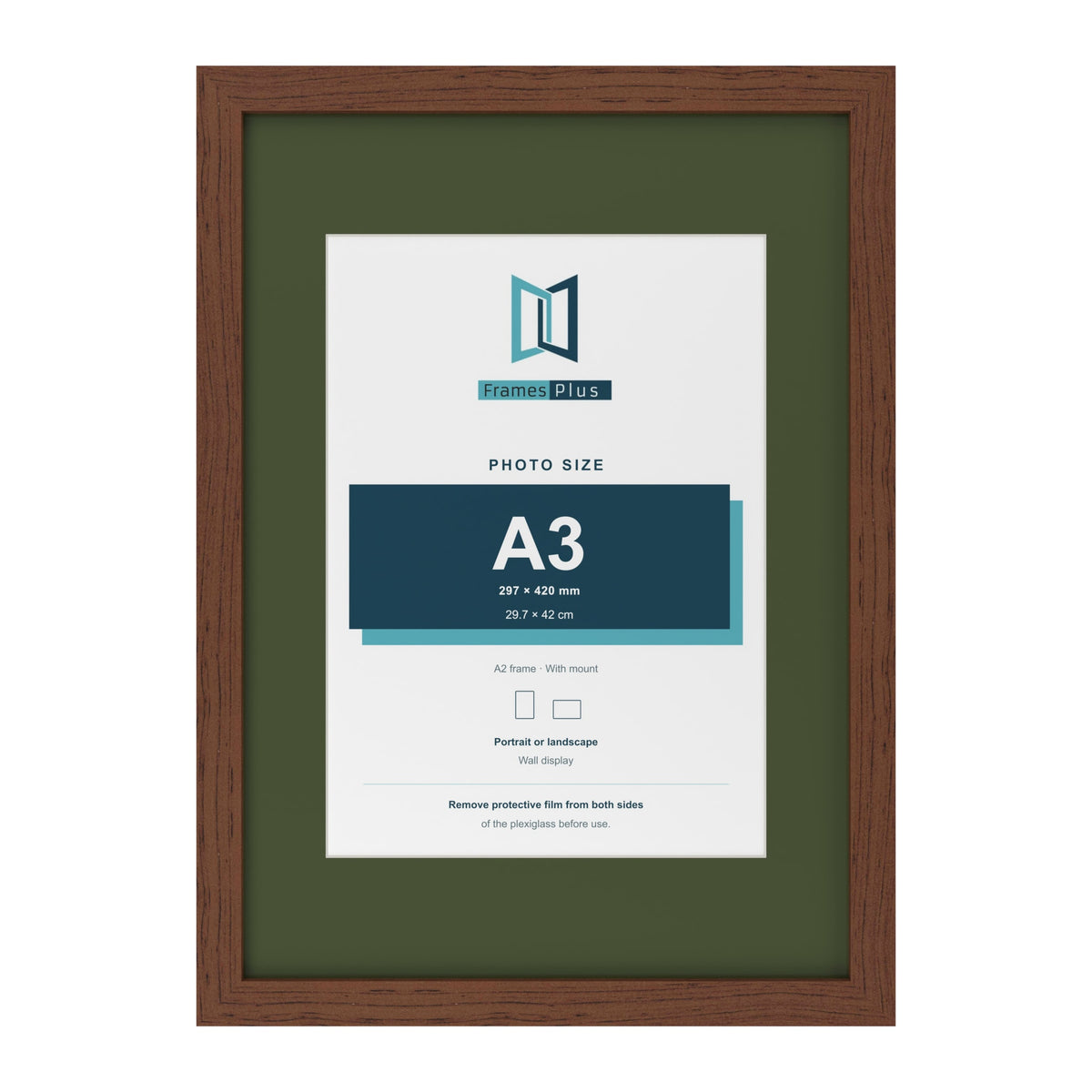 Dark Teak A2 picture frame with a green mount for an A3 photo