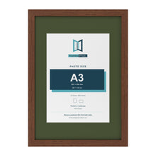 Dark Teak A2 picture frame with a green mount for an A3 photo