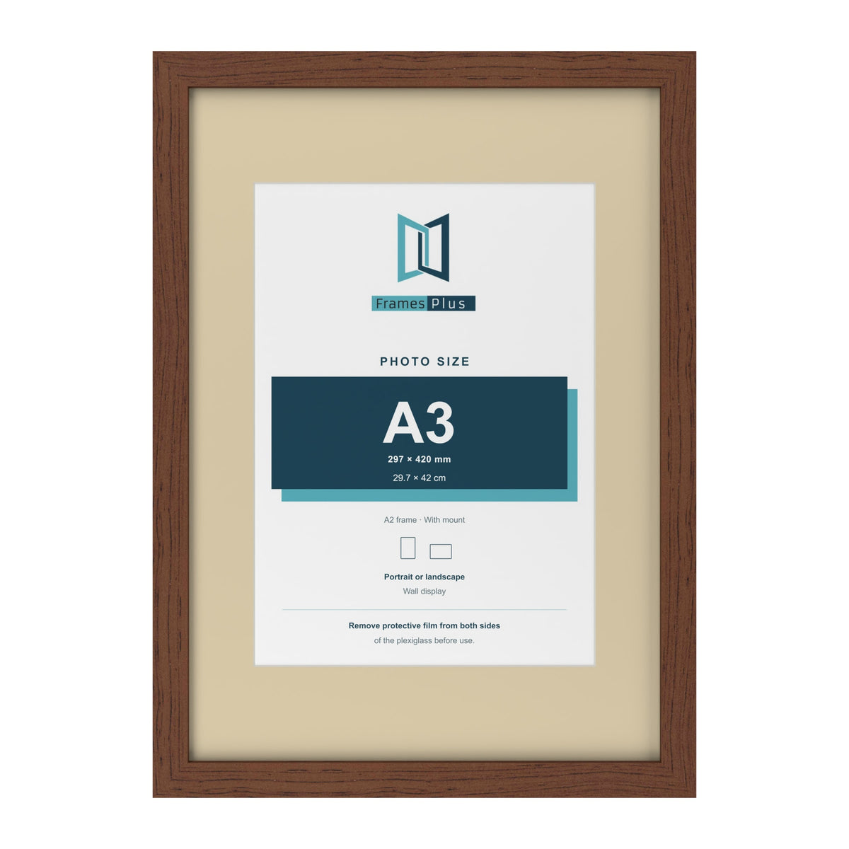 Dark Teak A2 picture frame with an ivory mount for an A3 photo