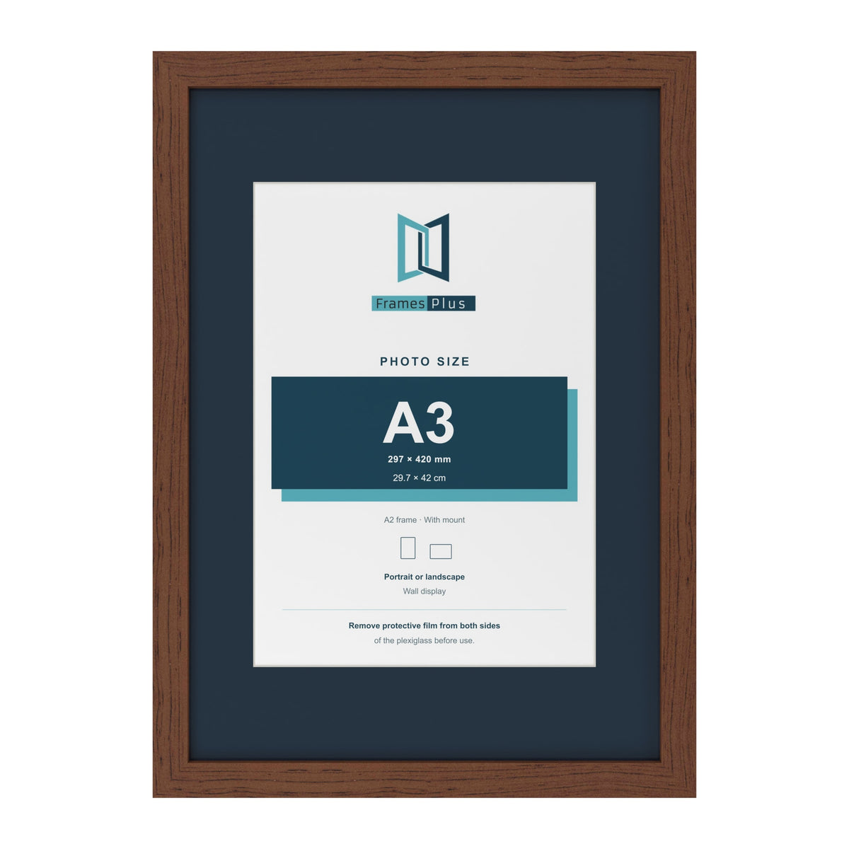 Dark Teak A2 picture frame with a Pacific Blue mount for an A3 photo