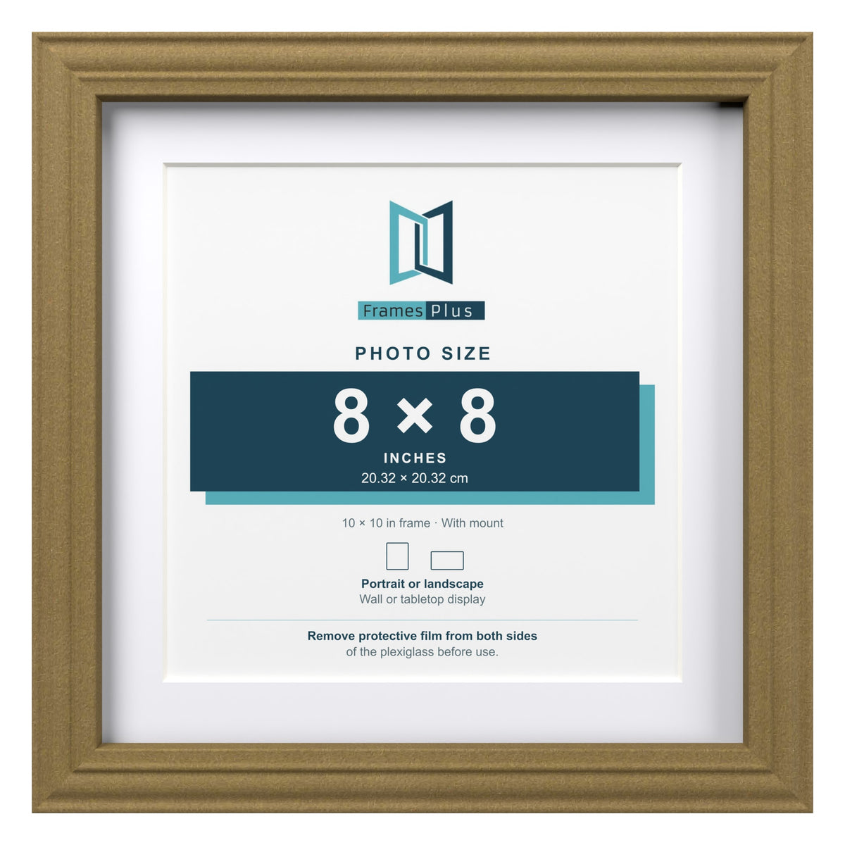 Devon Gold 10 x 10 inch picture frame with a white mount for an 8 x 8 inch photo