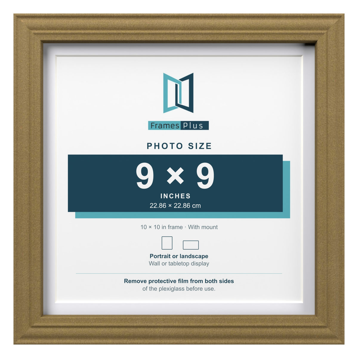 Devon Gold 10 x 10 inch picture frame with a white mount for a 9 x 9 inch photo