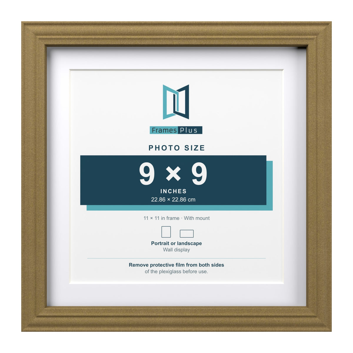 Devon Gold 11 x 11 inch picture frame with a white mount for a 9 x 9 inch photo