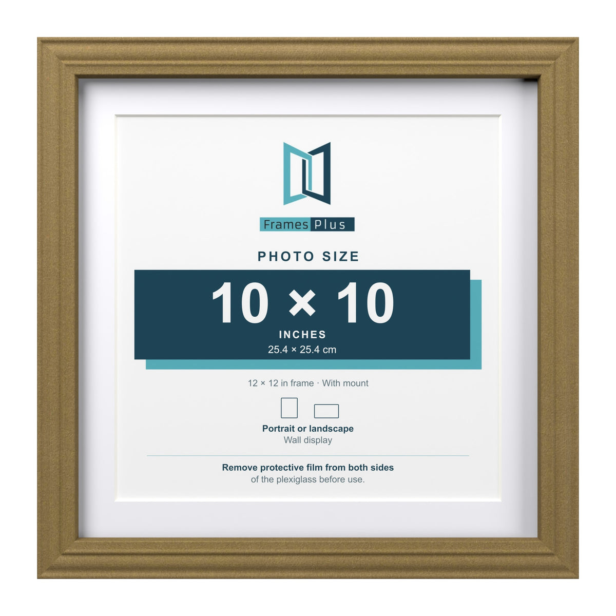 Devon Gold 12 x 12 inch picture frame with a white mount for a 10 x 10 inch photo
