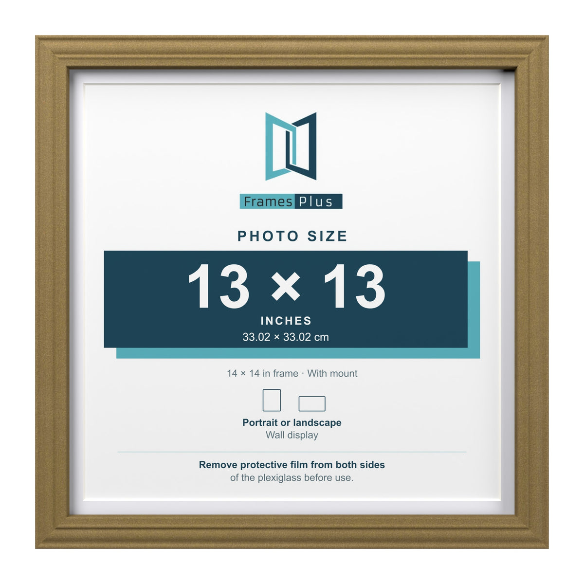 Devon Gold 14 x 14 inch picture frame with a white mount for a 13 x 13 inch photo