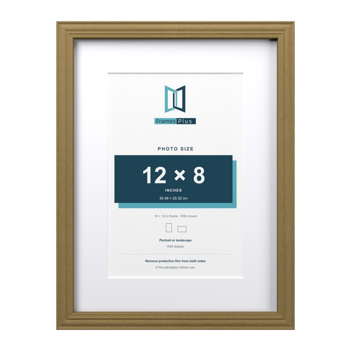 Devon Gold 16 x 12 inch picture frame with a white mount for a 12 x 8 inch photo
