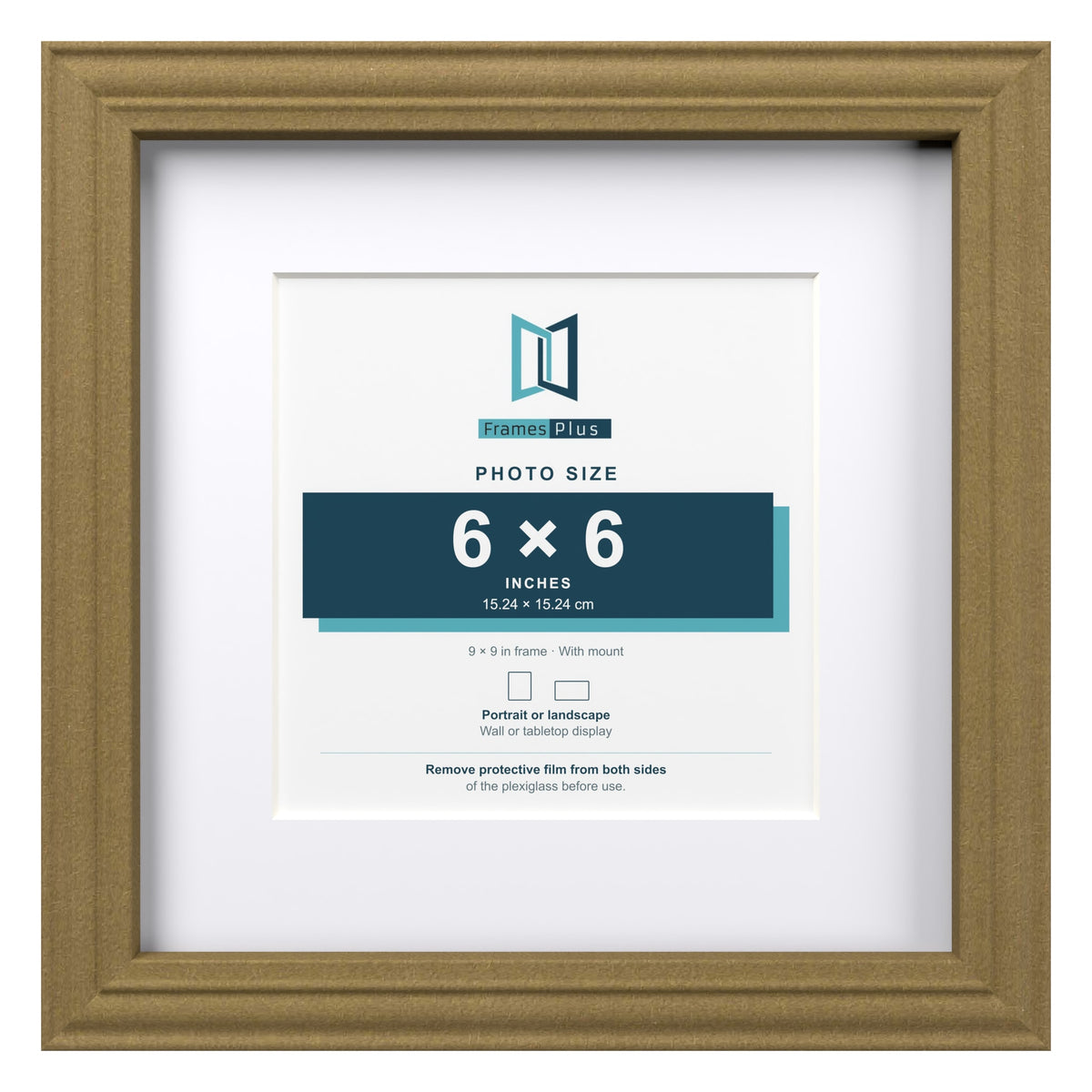 Devon Gold 9 x 9 inch picture frame with a white mount for a 6 x 6 inch photo