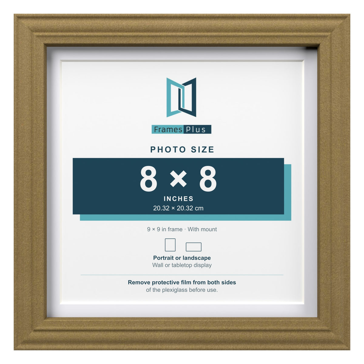 Devon Gold 9 x 9 inch picture frame with a white mount for an 8 x 8 inch photo