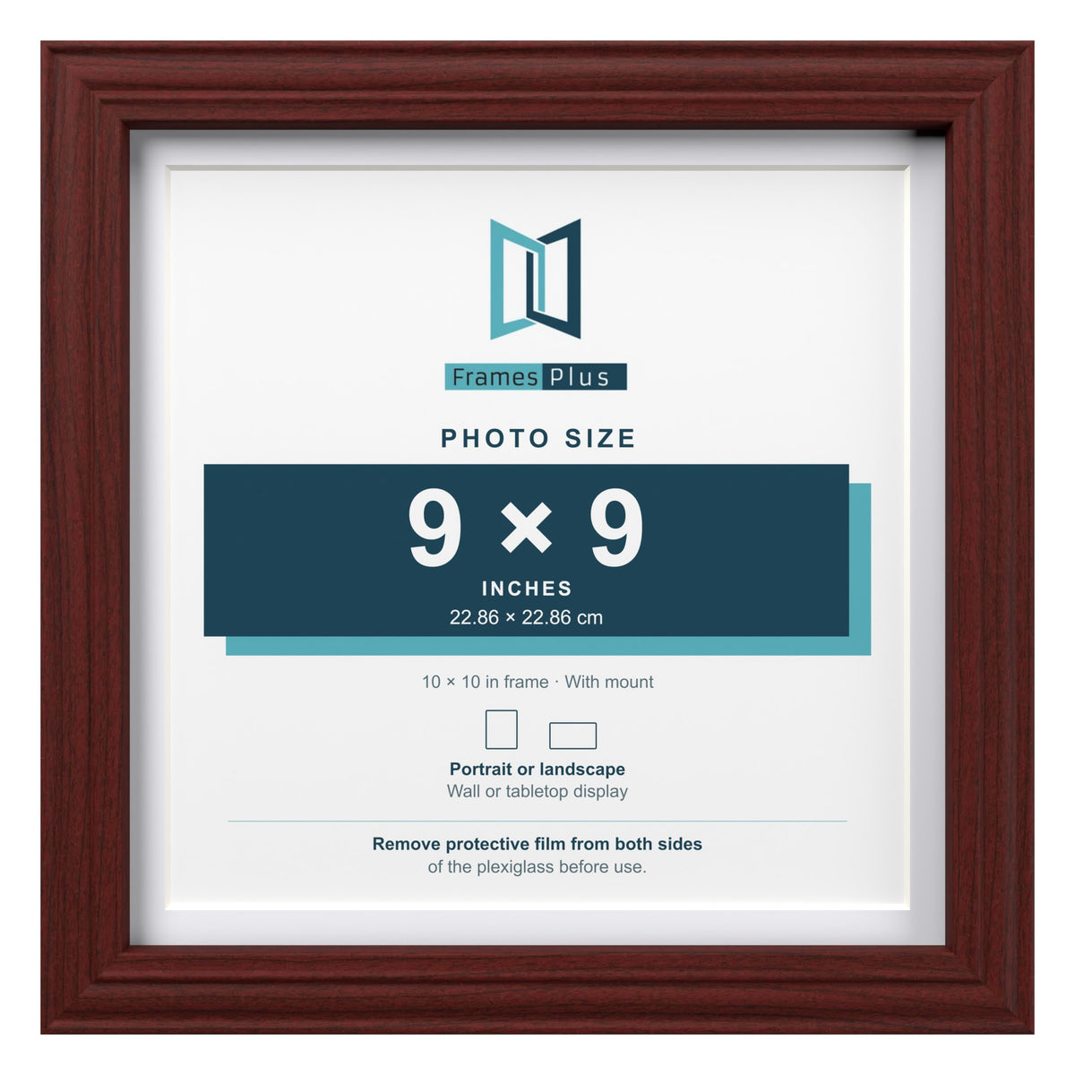 Devon Mahogany 10 x 10 inch picture frame with a white mount for a 9 x 9 inch photo