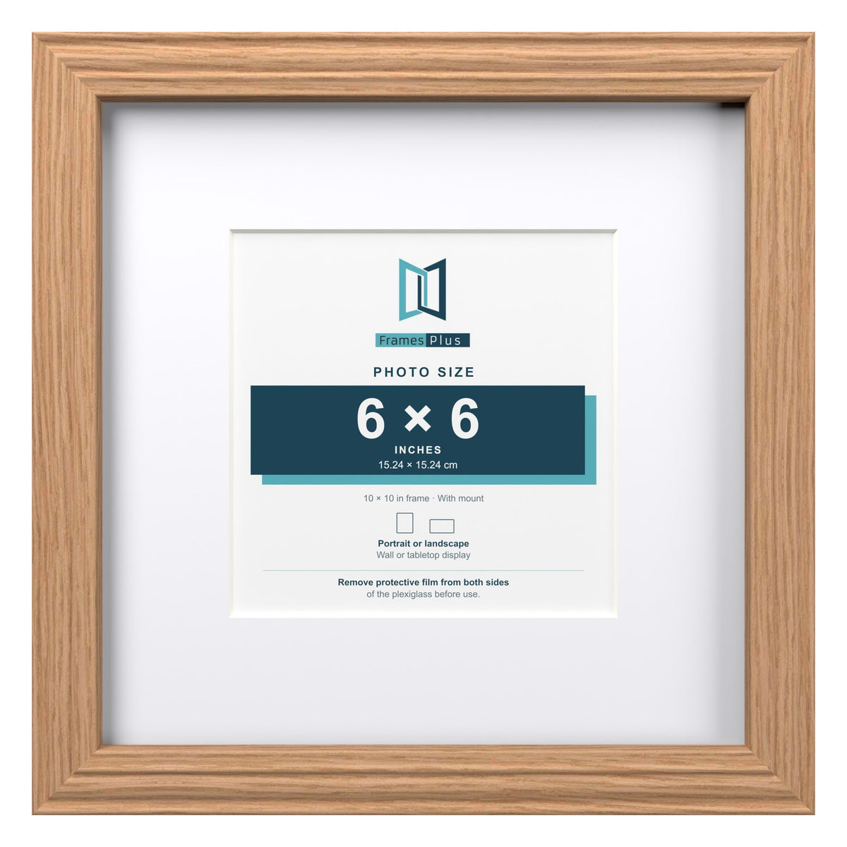 Devon Oak 10 x 10 inch picture frame with a white mount for a 6 x 6 inch photo