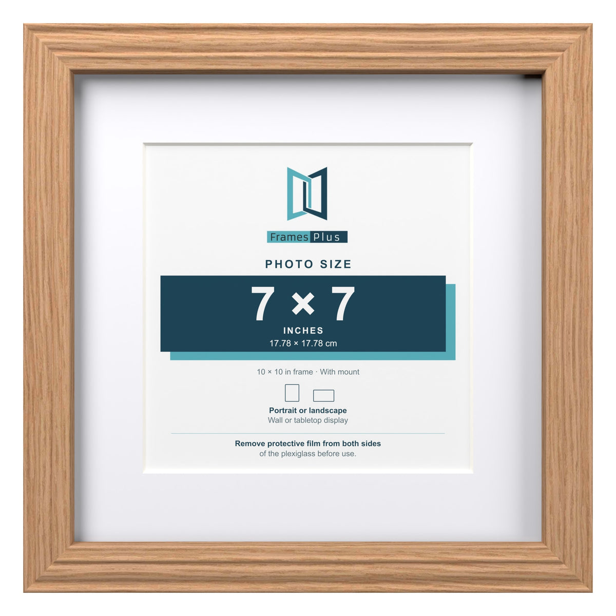 Devon Oak 10 x 10 inch picture frame with a white mount for a 7 x 7 inch photo