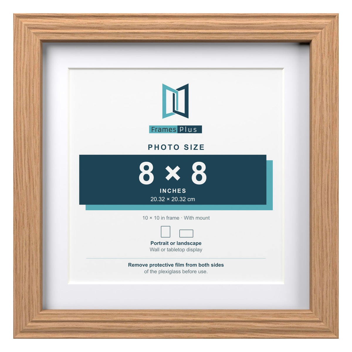 Devon Oak 10 x 10 inch picture frame with a white mount for an 8 x 8 inch photo